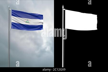 3d-Darstellung der Staatsflagge der Republik Nicaragua, die sich im Wind am Fahnenmast vor einem wolkenlosen Himmel mit seinem Alphakanal bewegt Stockfoto