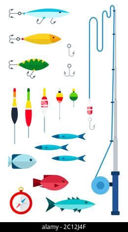 Angelgeräte für den Fischer. Flache Vektorsymbole. Angeln als Hobby. Stock Vektor