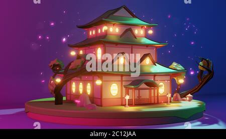 Low Poly - japanisches Haus auf Insel in lila blauen Hintergrund.3D Rednering Stockfoto