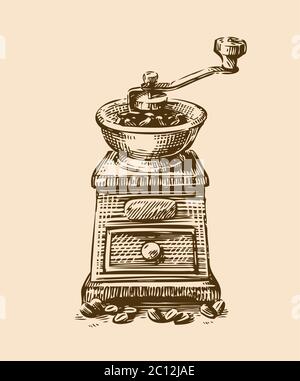 Skizze Kaffeemühle. Vintage-Vektorgrafik. Menügestaltung für Restaurant und Cafe Stock Vektor