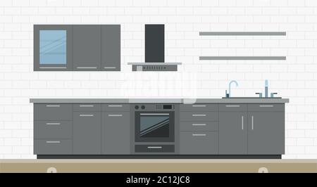 Illustration Interieur der modernen Küche, Möbel und Geräte flache Vektor-Set Stock Vektor