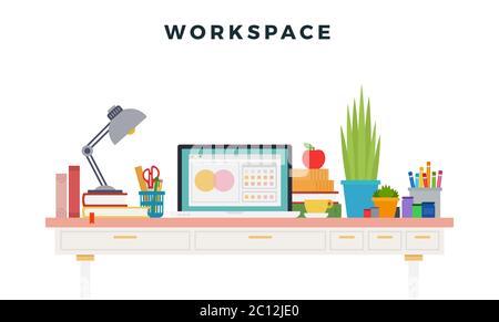 Vektorgrafik für den Arbeitsbereich in flachem Design. Arbeitsplatz des Designers mit Geräten für die Arbeit. Stock Vektor