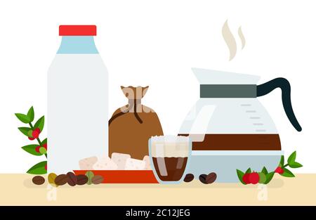 Vektor-flache Abbildung für Kaffeetypen. Beliebte leckere Getränk auf weißem Hintergrund. Stock Vektor