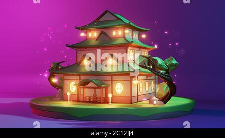 Low Poly - japanisches Haus auf Insel in lila blauen Hintergrund.3D Rednering Stockfoto