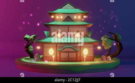 Low Poly - japanisches Haus auf Insel in lila blauen Hintergrund.3D Rednering Stockfoto