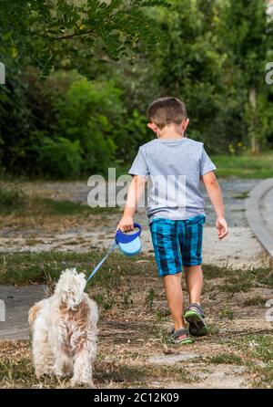 Kind, das seinen Hund an der Leine in der Landschaft läuft Stockfoto