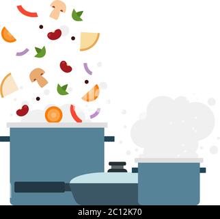 Kochtopf fliegendes Gemüse, Bratpfanne mit Deckel und ein kleiner Kochtopf mit heißem Dampf flach isoliert Stock Vektor