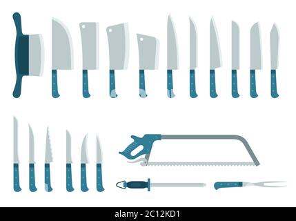 Set von zwanzig verschiedenen Messer, Beile und Säge, zum Schneiden, Schleifen Produkte Vektor-Illustration Stock Vektor