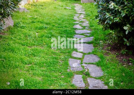 Gartensteinpfad mit Gras, das zwischen den Steinen wächst. Steinweg und Gras in der alten Burg. Steinweg im Rasen in der Sonne. Stockfoto