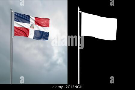 3d-Darstellung der Staatsflagge des Commonwealth von Dominica, die sich im Wind am Fahnenmast vor einem wolkenlosen Himmel mit seinem Alpha-Kanal bewegt Stockfoto