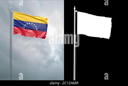 3d-Darstellung der Staatsflagge der Bolivarischen Republik Venezuela, die sich im Wind am Fahnenmast vor einem wolkenlosen Himmel mit ihrem Alpha c bewegt Stockfoto