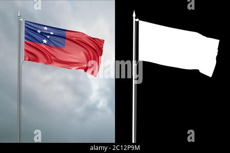 3d-Darstellung der Staatsflagge des unabhängigen Staates Samoa, die sich im Wind am Fahnenmast vor einem wolkenlosen Himmel mit seinem Alpha-Kanal bewegt Stockfoto