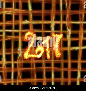 Frohes neues Jahr 2017 isolierte Zahlen mit Feuer auf hell brennende Raster Bokeh Hintergrund geschrieben. Stockfoto
