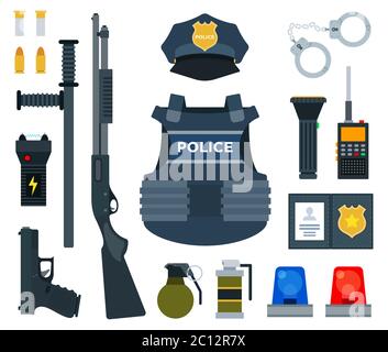 Vektor-Set Symbole der professionellen Polizei-Ausrüstung isoliert auf weißem Hintergrund. Stock Vektor