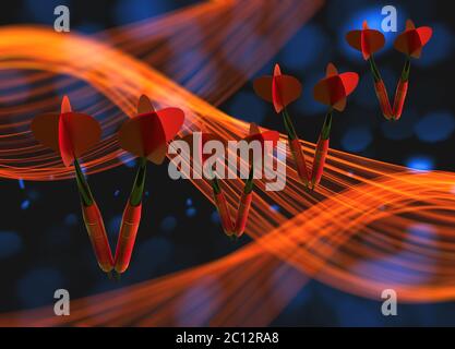 Gruppe der roten Pfeile fliegen in den Raum über Hintergrund mit Bokeh Lichter und wellig Rauch Formen. 3D illustration Stockfoto
