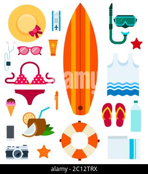 Set Vektor-Icons Strand-Artikel, Ausrüstung in flachem Design. Stock Vektor