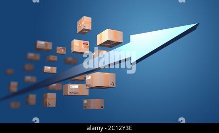 Versandkartons folgen einem großen Pfeil - 3d-Illustration Stockfoto