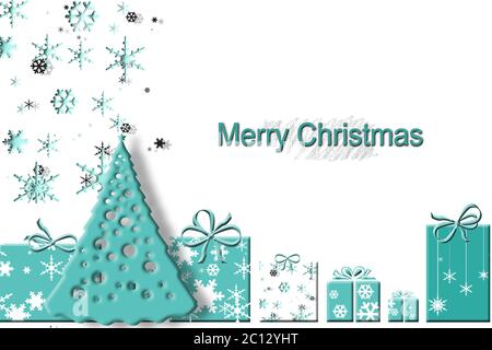 Eleganter Winterhintergrund mit abstrakten türkisblauen Geschenkschachteln aus Schneeflocken, weihnachtsbaum und Text Frohe Weihnachten auf weißem Hintergrund. Abbildung. Speicherplatz kopieren Stockfoto