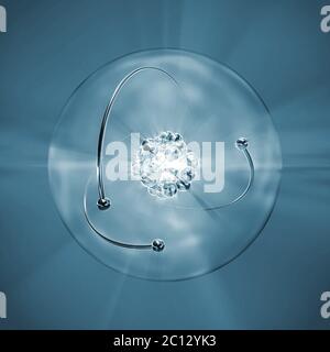 Atom mit Kern, Atomhülle und umkreisenden Elektronen in monochromatischem Blau Stockfoto