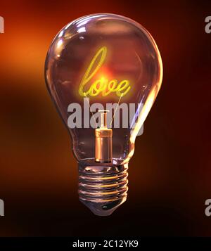 3d-Illustration einer Glühbirne mit dem Wort Liebe als Filament Stockfoto