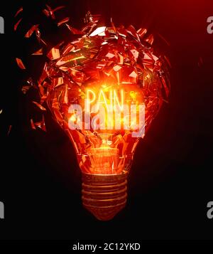 3d-Illustration einer platzenden Glühbirne mit dem Wort Schmerz als Filament Stockfoto