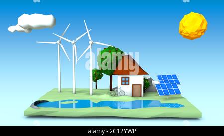 Abbildung eines Hauses, Windturbinen, Sonnenkollektoren auf einer grünen quadratischen Insel Stockfoto