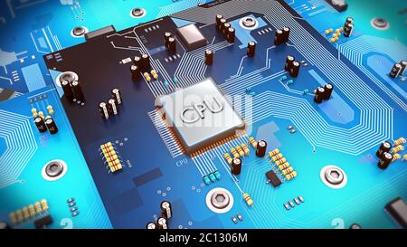 3d-Darstellung eines Computerprozessors auf der Leiterplatte Stockfoto
