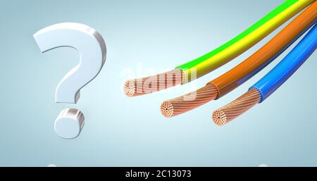 Abisolierten Netzkabel oder Netzteil in den Standardfarben neben einem Fragezeichen - 3D-Darstellung Stockfoto