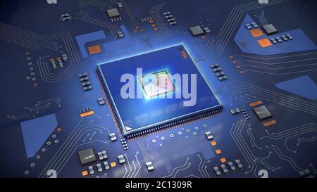 Abbildung eines Computerprozessors in hellblau auf der Leiterplatte Stockfoto