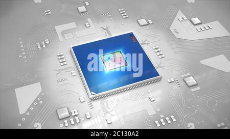 Abbildung eines Computerprozessors in hellblau auf der Leiterplatte Stockfoto
