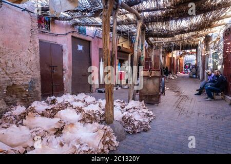 Tierhäute zum Verkauf in der Medina mit Tageslicht in Marrakesch, Marokko Stockfoto