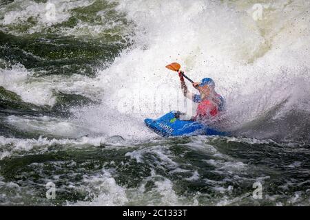 Kajakfahren mit männlichen Freestyle-Kajakfahrern auf dem Nil beim Nile River Kayak Festival, Jinja, Uganda, Afrika Stockfoto