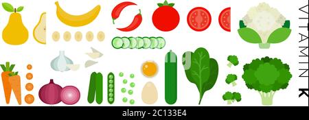 Vitamin K foods vector flat icons set with cauliflower and cucumber . Stock Vektor