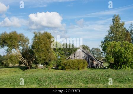 Alte verlassene Gehöft stehen durch den Wald Stockfoto