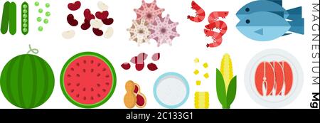 Vitamin Magnesium foods vector flat icons set Stock Vektor
