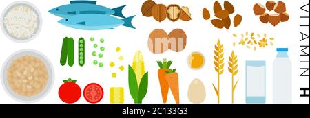 Vitamin H foods vector flat icons set with nuts, milk, vegetable. Stock Vektor