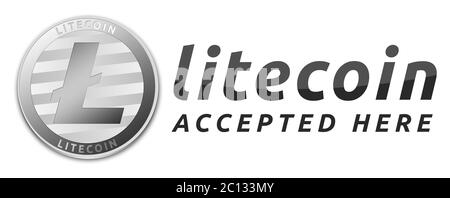 Wir akzeptieren Litecoins. Silber Litecoin virtuelle Währung. Stockfoto