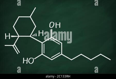 Chemische Formel von Cannabidiol auf einer Tafel Stockfoto