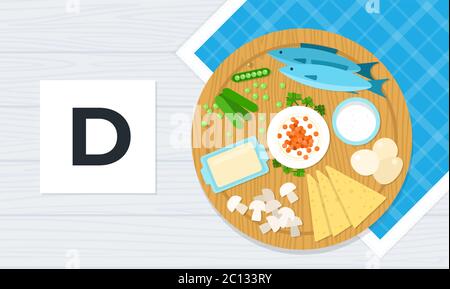 Vitamin D Vektor flache Abbildung. Produkte mit dem maximalen Gehalt an Vitamin D. Stock Vektor