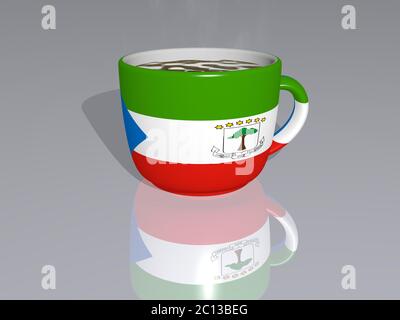 ÄQUATORIALGUINEA platziert auf einer Tasse heißen Kaffee in einer 3D-Darstellung auf dem Boden gespiegelt mit einer realistischen Perspektive und Schatten Stockfoto