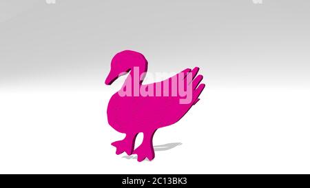 Ente an der Wand. 3D-Illustration von metallischen Skulptur über einem weißen Hintergrund mit milder Textur. Vögel und niedlich Stockfoto