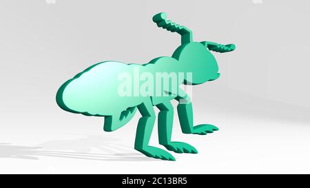 ANT aus einer Perspektive auf die Wand. Eine dicke Skulptur aus metallischen Materialien von 3D-Rendering. Hintergrund und rot Stockfoto