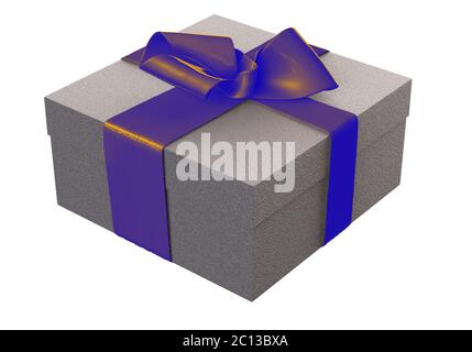 Gestreifte Geschenkbox mit Geschenken gebunden violette Schleife auf weißem Hintergrund. 3d-Illustration Stockfoto
