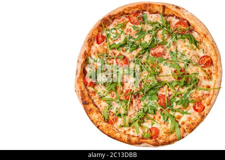 Leckere italienische Pizza isoliert auf weißem Hintergrund. Flatlay. Speicherplatz kopieren Stockfoto
