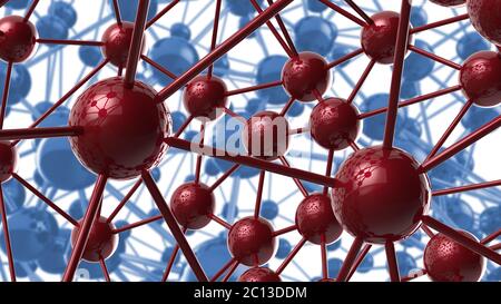 Blau und rot Molekulare geometrische Chaos abstrakte Struktur. Wissenschaft Technologie Netzwerk Verbindung High-Tech Hintergrund 3d-Rendering Stockfoto