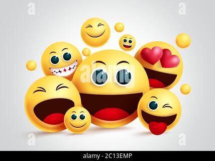 Smiley Emoji Gruppe Vektor-Design. Emojis gelb Smiley Gesicht von Freunden glücklich zusammen mit Gesichtsausdruck für Freundschaft Design in weißem Hintergrund. Stock Vektor