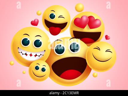 Emojis Smiley Gruppe Vektor-Design. Smileys emoji Gruppe von Freunden mit glücklichen Gesicht und lustigen Gesichtsausdruck für Freundschaft Zeichen und Symbol. Stock Vektor