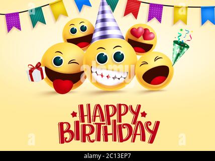 Geburtstag Smiley Emojis Vektor Gruß. Happy Birthday Grußtext in leerem Raum für Nachrichten mit gelben Smileys Emoji und Party-Elemente. Stock Vektor