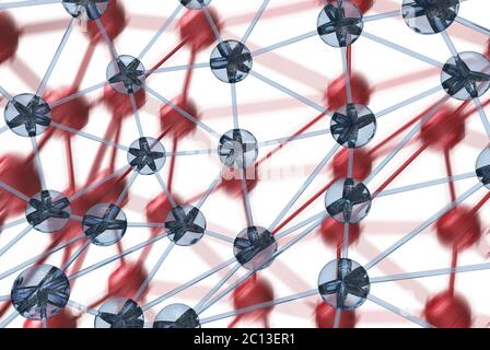 Blaues und verschwommenes rotes Glas Molekulare geometrische Chaos abstrakte Struktur. Wissenschaft Technologie Netzwerk Verbindung Hi-Tech-Backgroun Stockfoto