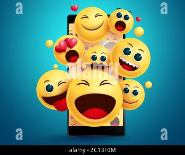 Emoji Smileys im Handy Vektor-Konzept. Smiley Emojis Gelbes Gesicht Emoticons in Social Media Handy-Apps mit verschiedenen Gesichtsausdruck. Stock Vektor